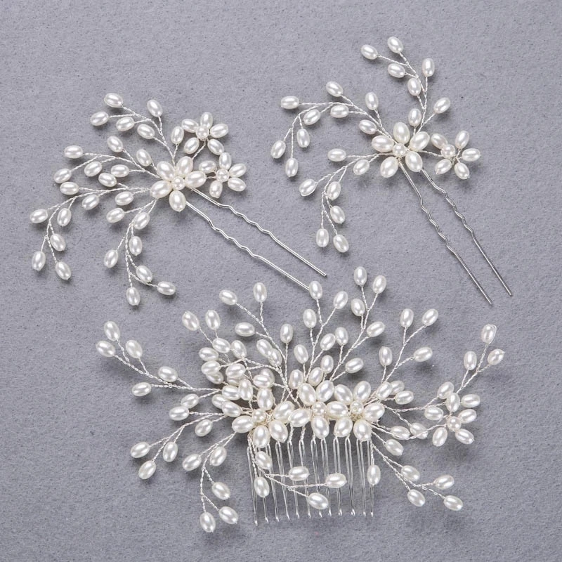 

Bridal Wedding Pearl Hair Combs Hairpins Hair Clips Handmade Head Jewelry Silver Color Flower Leaf Engagement Hair Accessories