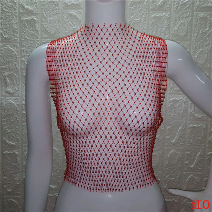 Red O-neck FestivalQueen Сексуальная Бриллиантовая сетка обрезанная майка женская летняя накидка бикини Прозрачная сетка со стразами вечерние клубный кроп-топ - Цвет: Red O-neck