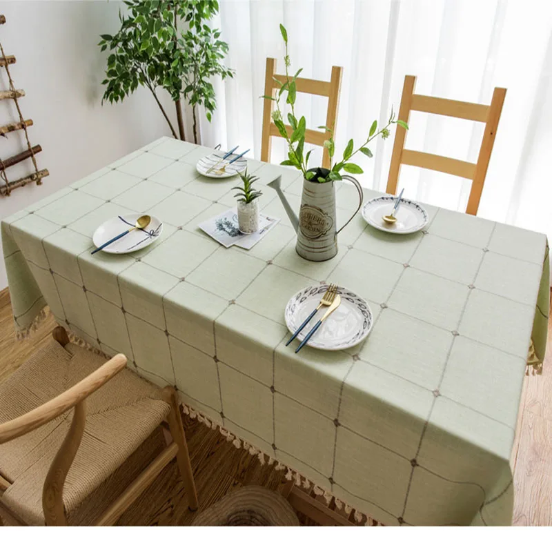

Plaid Embroidered Simple Tablecloth Solid Color Cotton and Linen Small Fresh Fabric Tassel Rectangular Coffee Table Table 3
