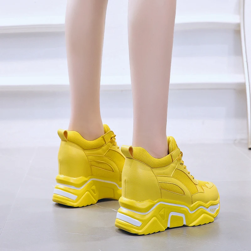 

2021 New Hidden Heels Wedge Casual Lace Up Thick Bottom Walking Shoes Woman Non Slip Yellow Sneakers