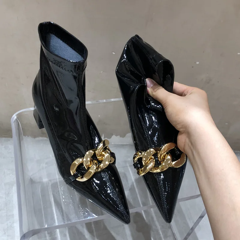 

Retro Women Ankle Boots Sexy Pointed Shoes Fashion High Heels Short Booties Bright Skin Pointed Toe Metal Chain Women Shoes