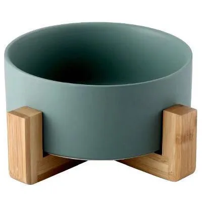 green Wooden shelf Керамическая приподнятая миска для кошек, основная миска для еды, воды, собаки с противоскользящей деревянной подставкой, защита шеи, суставы для домашних животных, миски для кормления, легко очищаемые - Цвет: green Wooden shelf