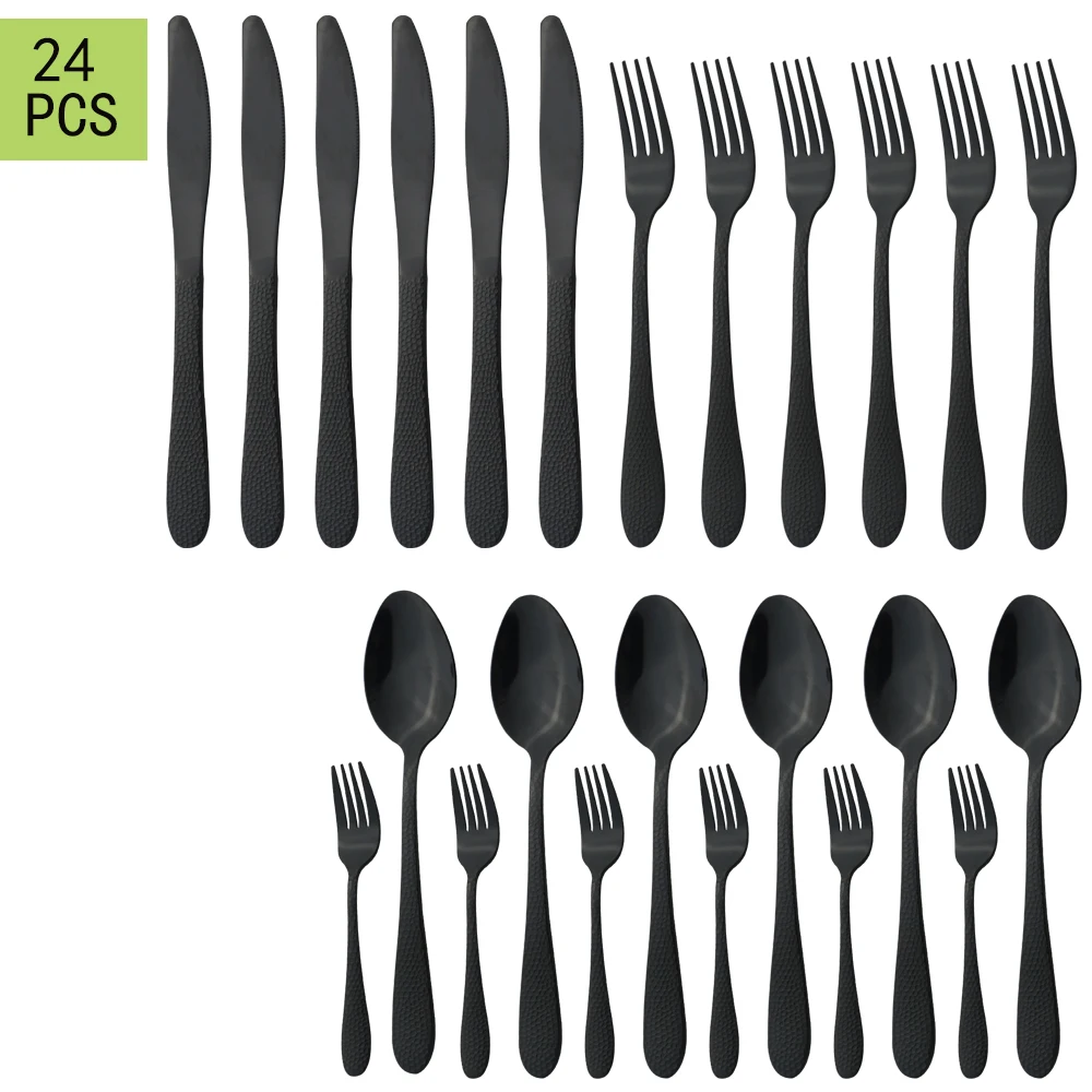 

Dinnerware 24pcs Black Kitchen Tableware Cutlery Set Stainless Steel Cutlery Set Knife Dessert Fork Spoons Western Dropshipping