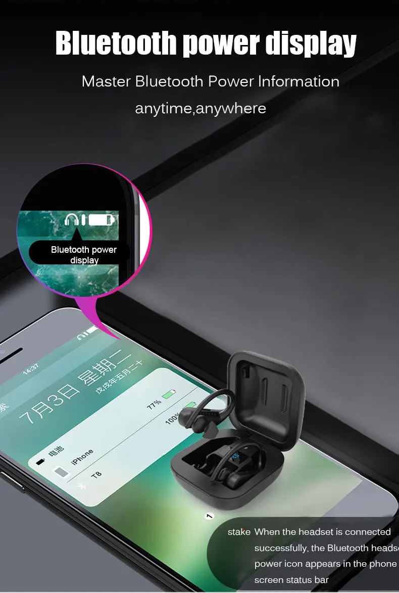 Caletop Bluetooth 5,0, Беспроводные спортивные наушники, ушные крючки, водонепроницаемые наушники со светодиодным дисплеем, спортивные наушники PK Q62 Q32