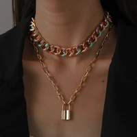 punk rainbow metal thick chain double layer necklace for women cuban choke lock pendant necklace collar statement hip hop