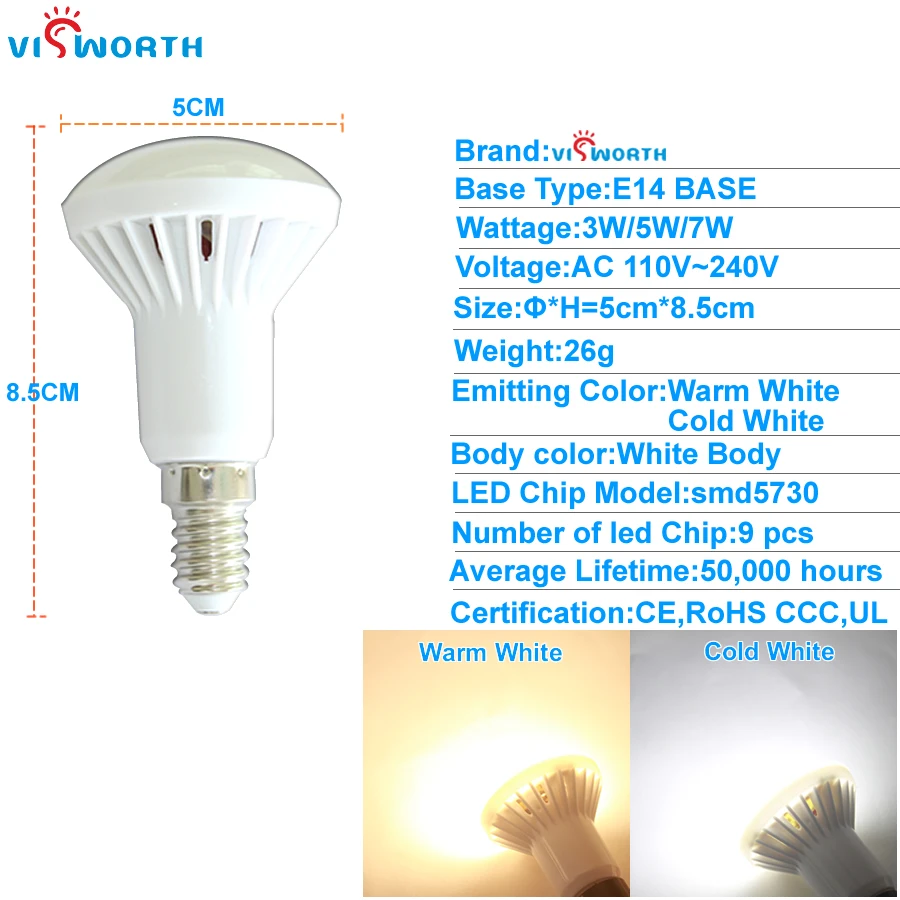 Фото VisWorth (10 шт./лот) R50 Светодиодная лампа E14 хрустальная Smd5730 AC 110V 220V 240V лампада VisWorth (10 шт./лот) R50 Светодиодная лампа E14 хрустальная Smd5730 AC 110V 220V 240V лампада