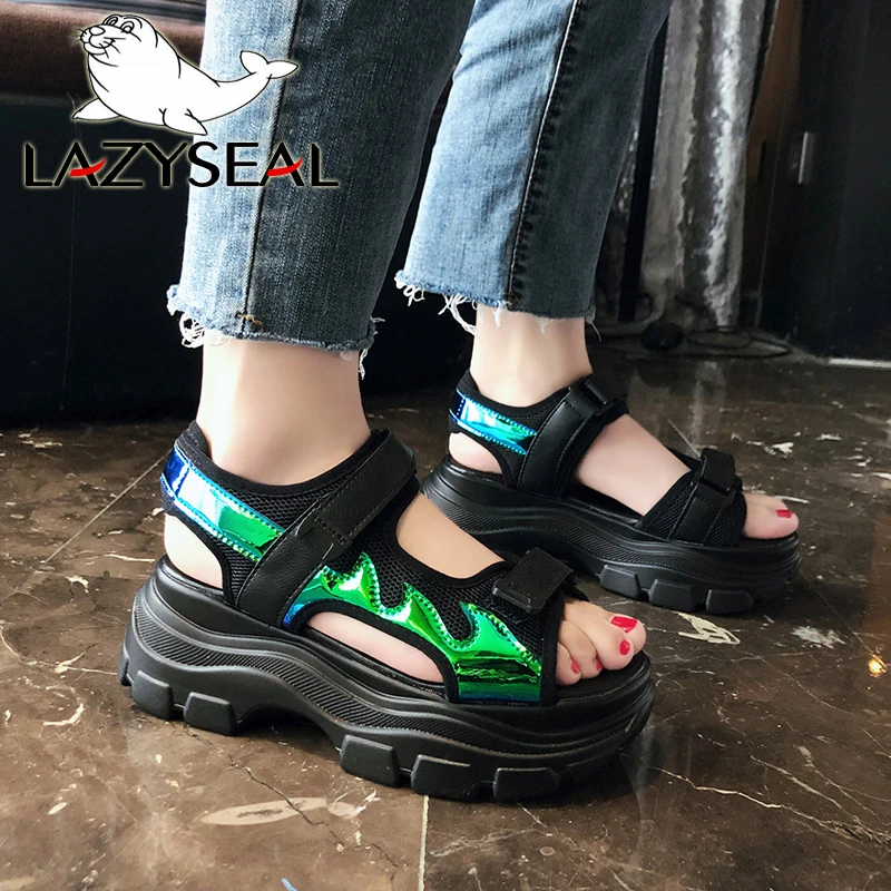 

LazySeal Bling Fashion Height Increasing Women's Sandals Platform Wedge Heel Shoes Women Hook & Loop Summer Ladies Sandals