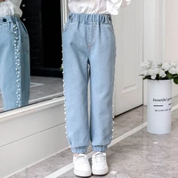 kids beaded jeans for girls 4 to 12 years autumn clothes fashion teen casual denim pants fall spring children trousers 4t 6t 8t