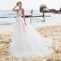 bohemian beach wedding dresses spaghetti straps a line lace appliques backless tulle charming bridal gown sweep train 2021