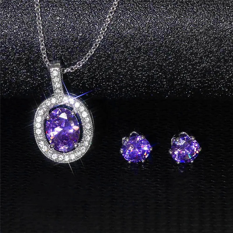 

Luxury Female Purple Crystal Jewelry Set Charm Silver Color Stud Earrings For Women Trendy Hollow Oval Wedding Chain Necklace