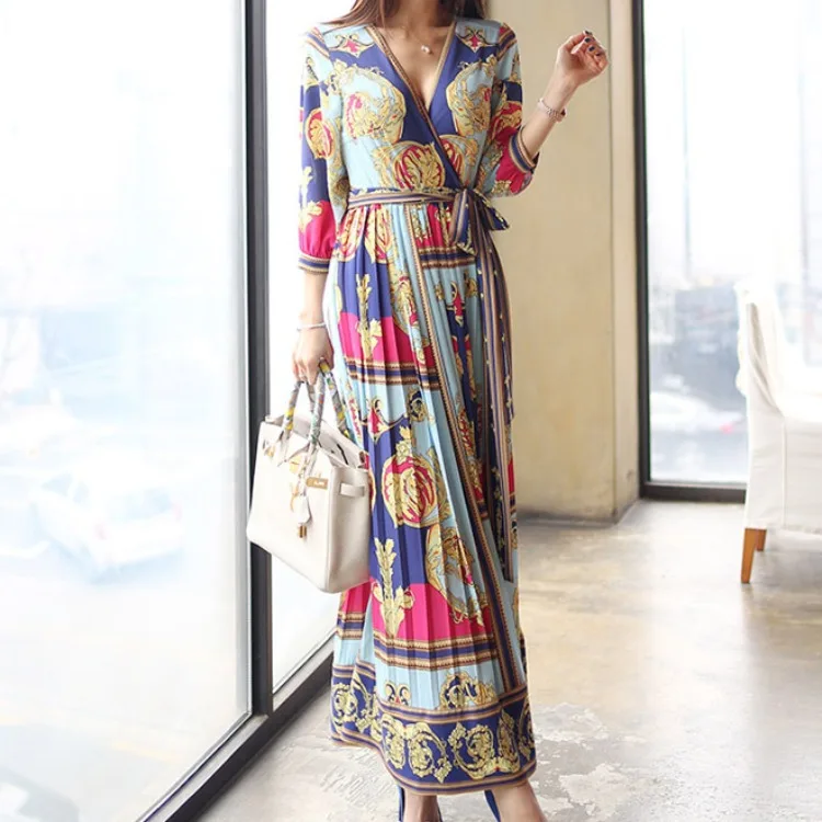 

Cross Border Summer Wear New Style Korean-style Elegant V-neck Lace-up Waist Hugging Pleat Big Hemline Holiday Skirts Flora