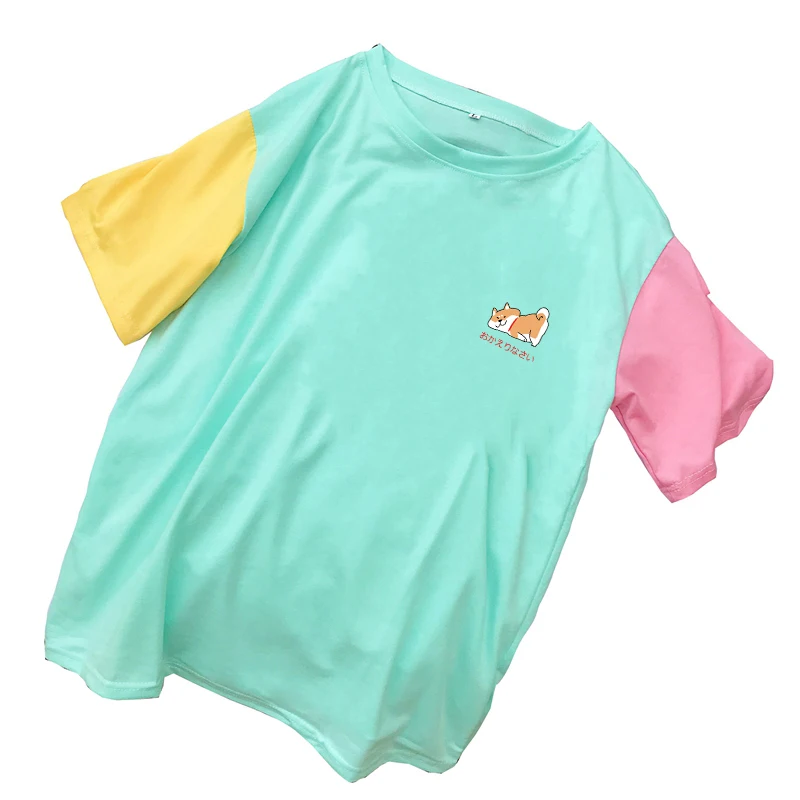 Summer Cotton T Shirt Casual Spell Color Patchwork Tops Women Harajuku Kawaii Cartoon Shiba Print Tee Shirt Femme Korean Clothes