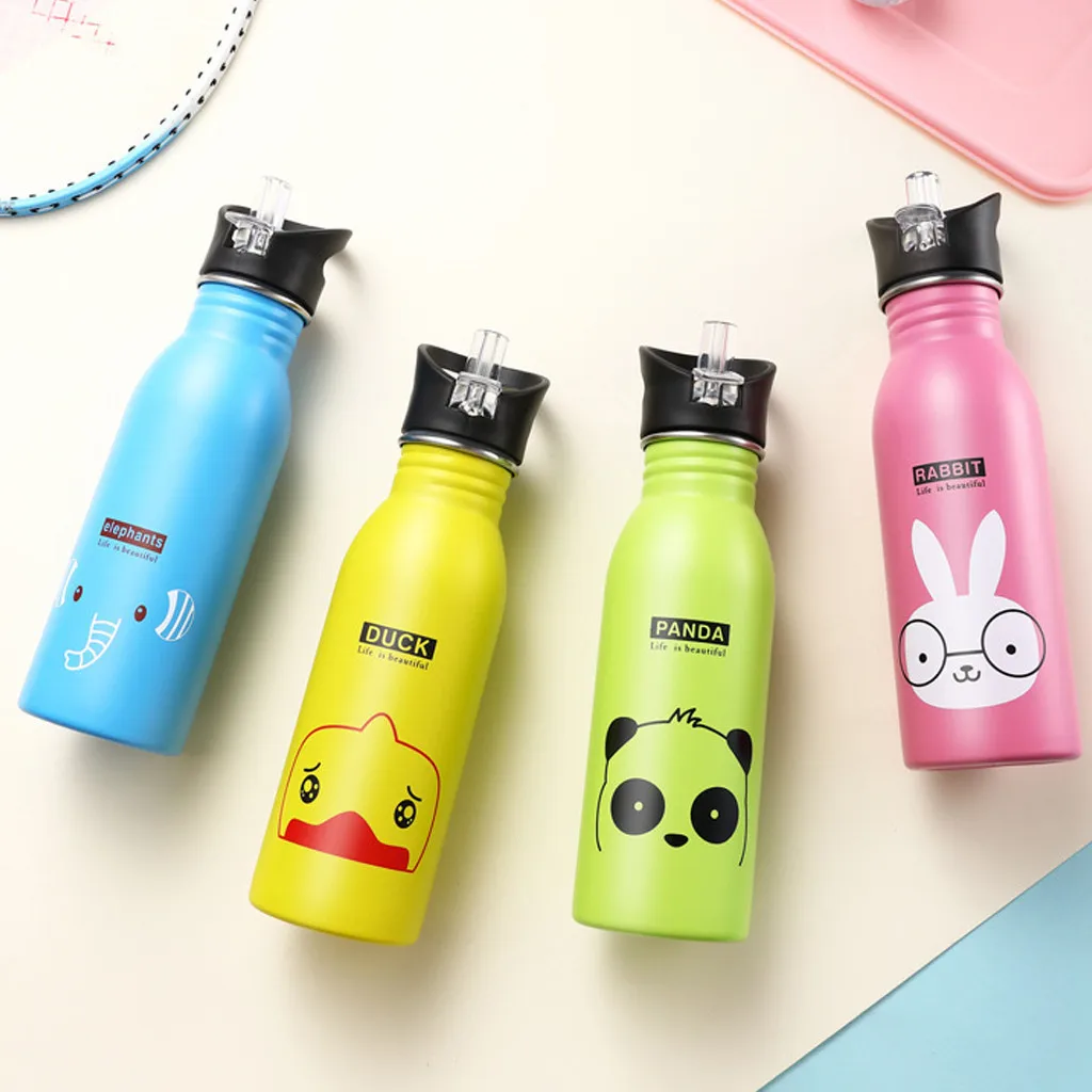 

Water Bottles Cute Animal Pattern Cup Cold Drink Bottle with Straw Cute Children Water Bottle Portable Outdoor Stainless Steel
