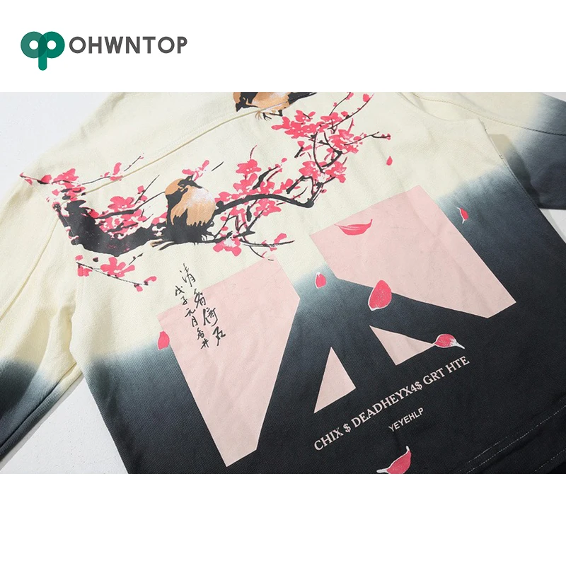 Хип Хоп Уличная джинсовая куртка для мужчин с цветком птичка джинсовое пальто