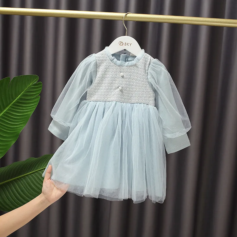 

Baby Girls Autumn Sweet Lantern Sleeve Mesh Dress Stitching Fashion Princess Dress Kids