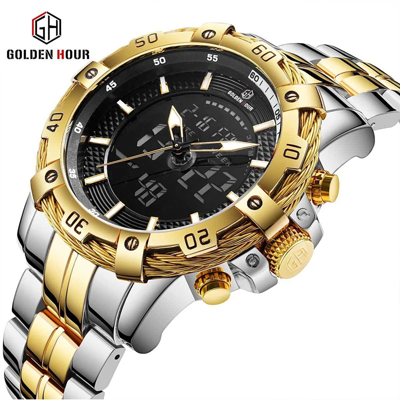 GOLDENHOUR Sport Top Brand Men's Watches Stainless Steel Band Luxury Quartz Wristwatches Week Display, Watch