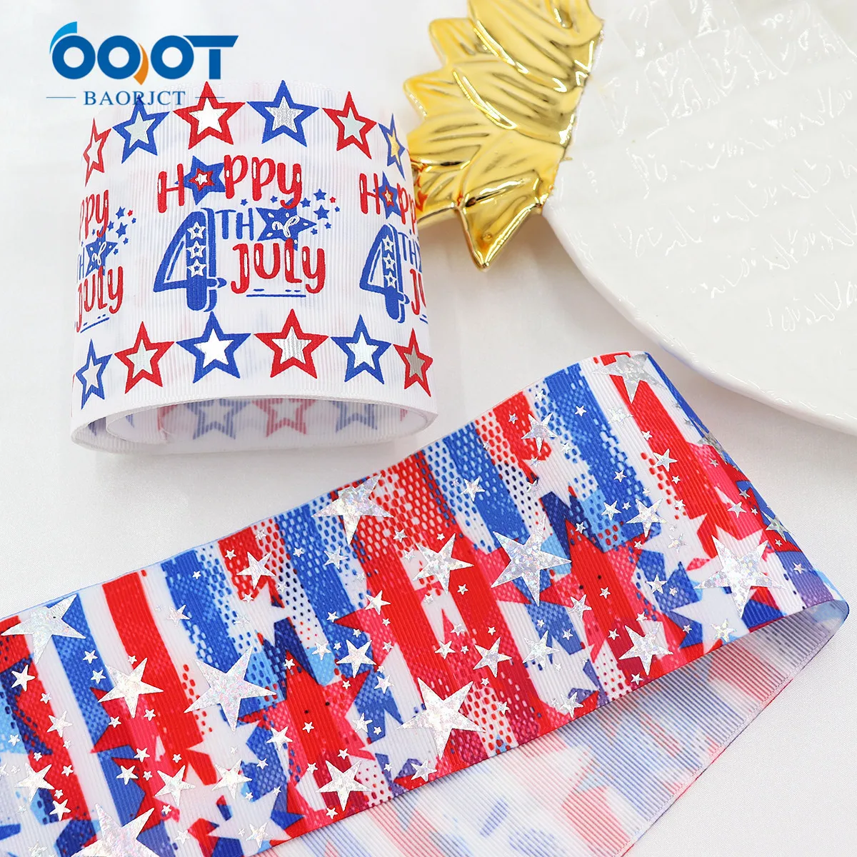 

Colorful Hot Stamping Pentagram Star Ribbed Print Ribbons,22107-1,75MM 2Yards Bow Cap Accessories And DIY Decorations.