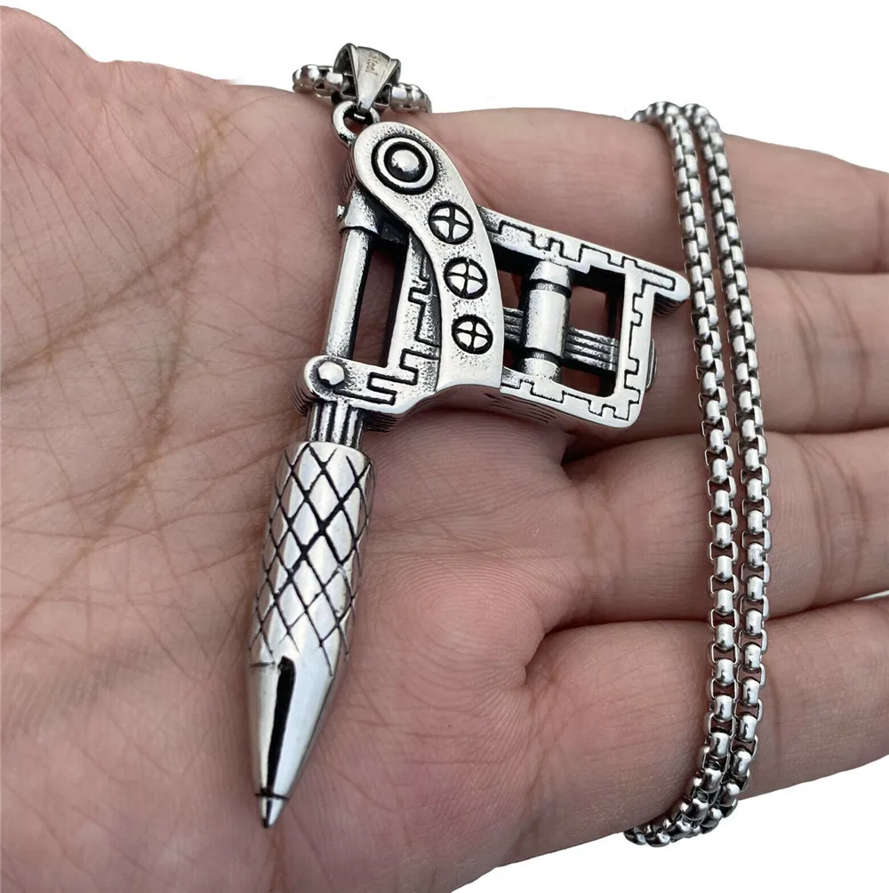 

Mens Stainless Steel Hip Hop Rapper Biker Tattoo Machine Pendant Necklace