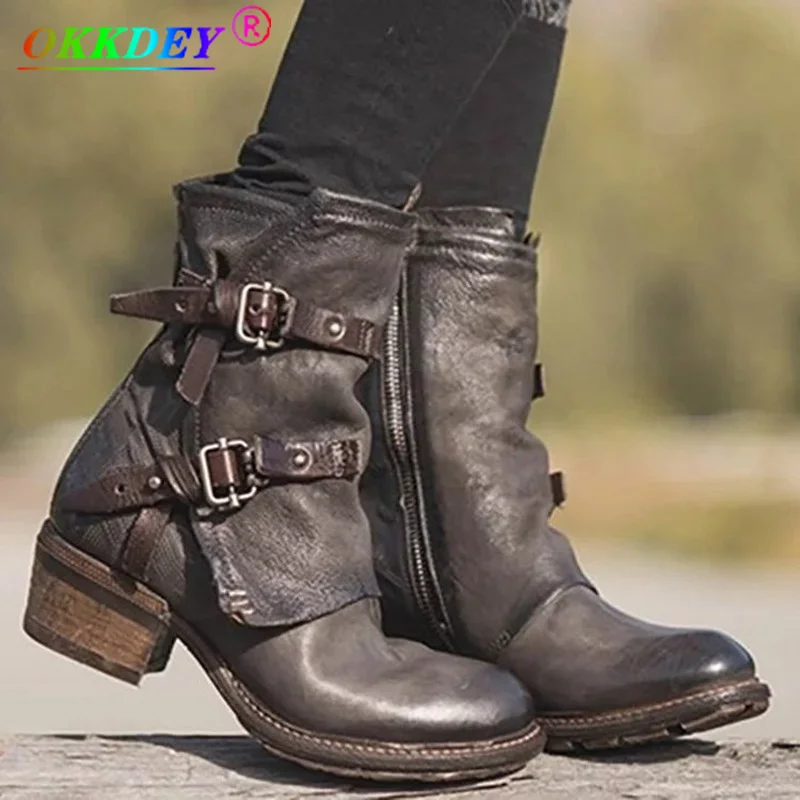 

2021 New Mid-tube Boots Winter Thick-soled Square Heel Round Toe Mujer Zapatos Zipper European and American Retro Martin Boots