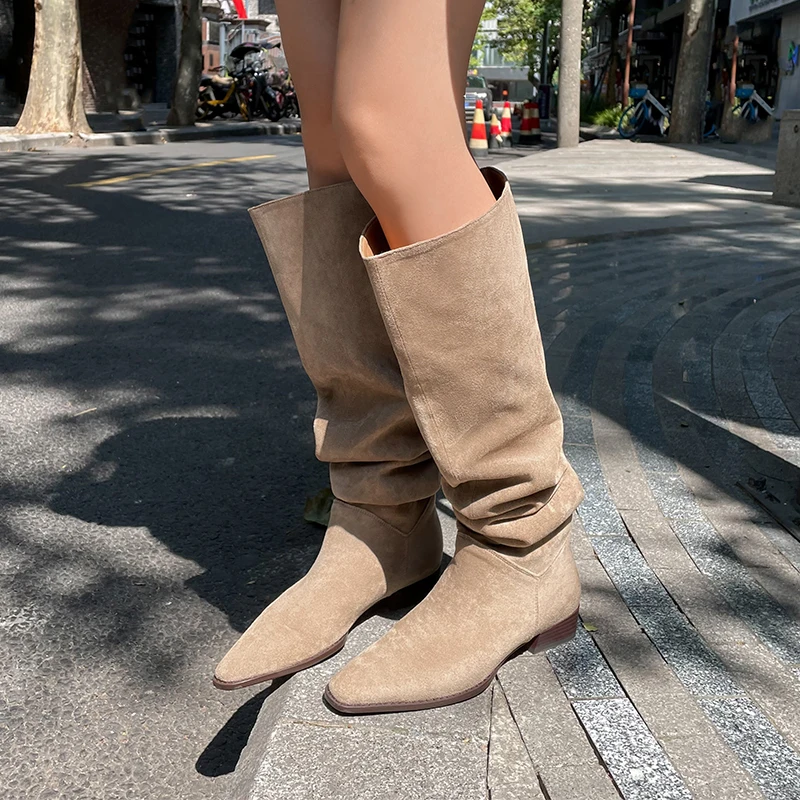 

Сапоги до колена из французского нубука, Детские Зимние новые сапоги на низком каблуке, с квадратным носком, одноуровневые сапоги, женские т...