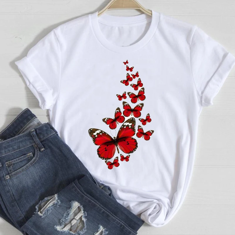 

T-shirts Women Butterfly Floral Flower Vintage Trend Short Sleeve Clothes Stylish Tshirt Top Lady Print Sweet Tee T-Shirt