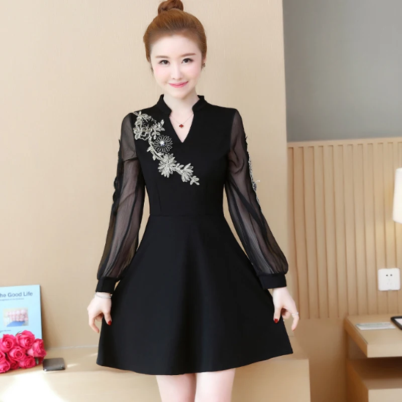 

Plus Size 5XL Women Dresses Black Lace Mesh Embroidery Lantern Sleeved Loose Office Lady Elegant Dresses Top Quality