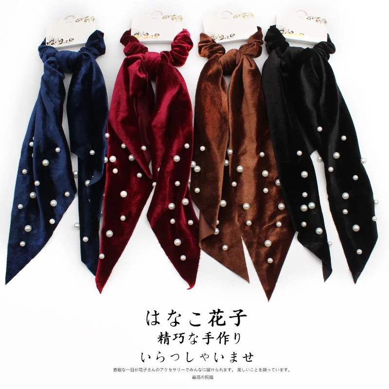 Elegant Velvet Ribbon Scrunchies Pearl Hair Ring Woman Hair Accessories Streamer Hair Ring Ladies Hair Ties Girls Rubber Band
