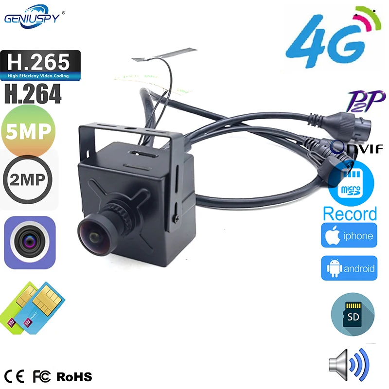 P2P   Mini 4G SIM Card IP Camera 1080P 5MP HD Indoor Security Miniature Small 4G Box Square CamCCTV Metal Audio Camhi Alarm