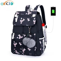 okkid pink flower school backpack for girls women travel laptop backpack usb charging backpacks for children student schoolbag