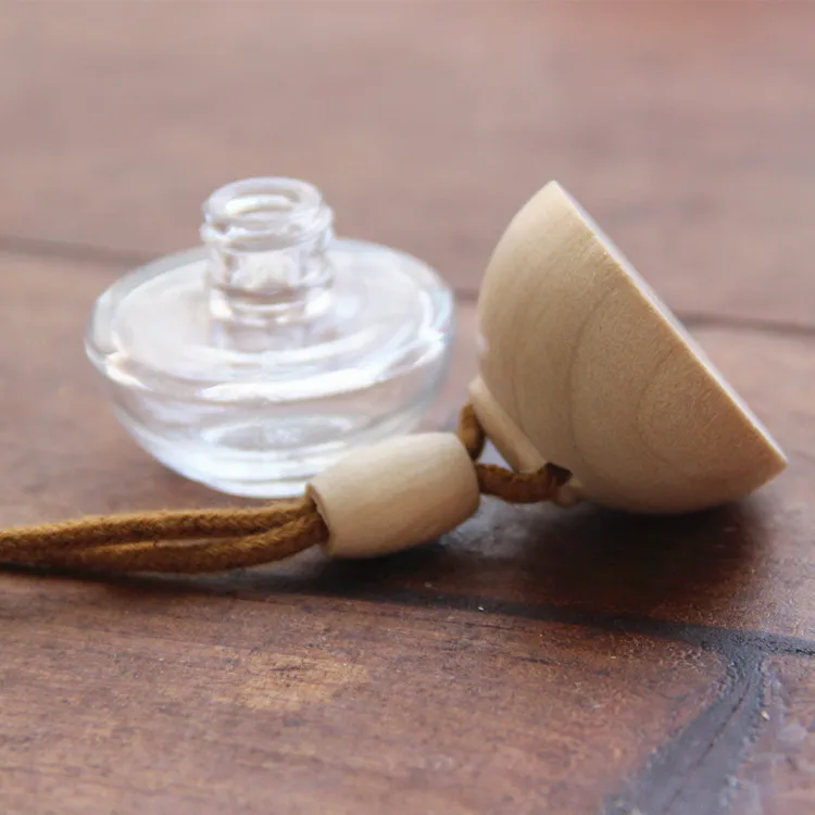 

New 8ml Spherical Wooden Cover Glass Car Perfume Pendant Bottle 100PCS/LOT