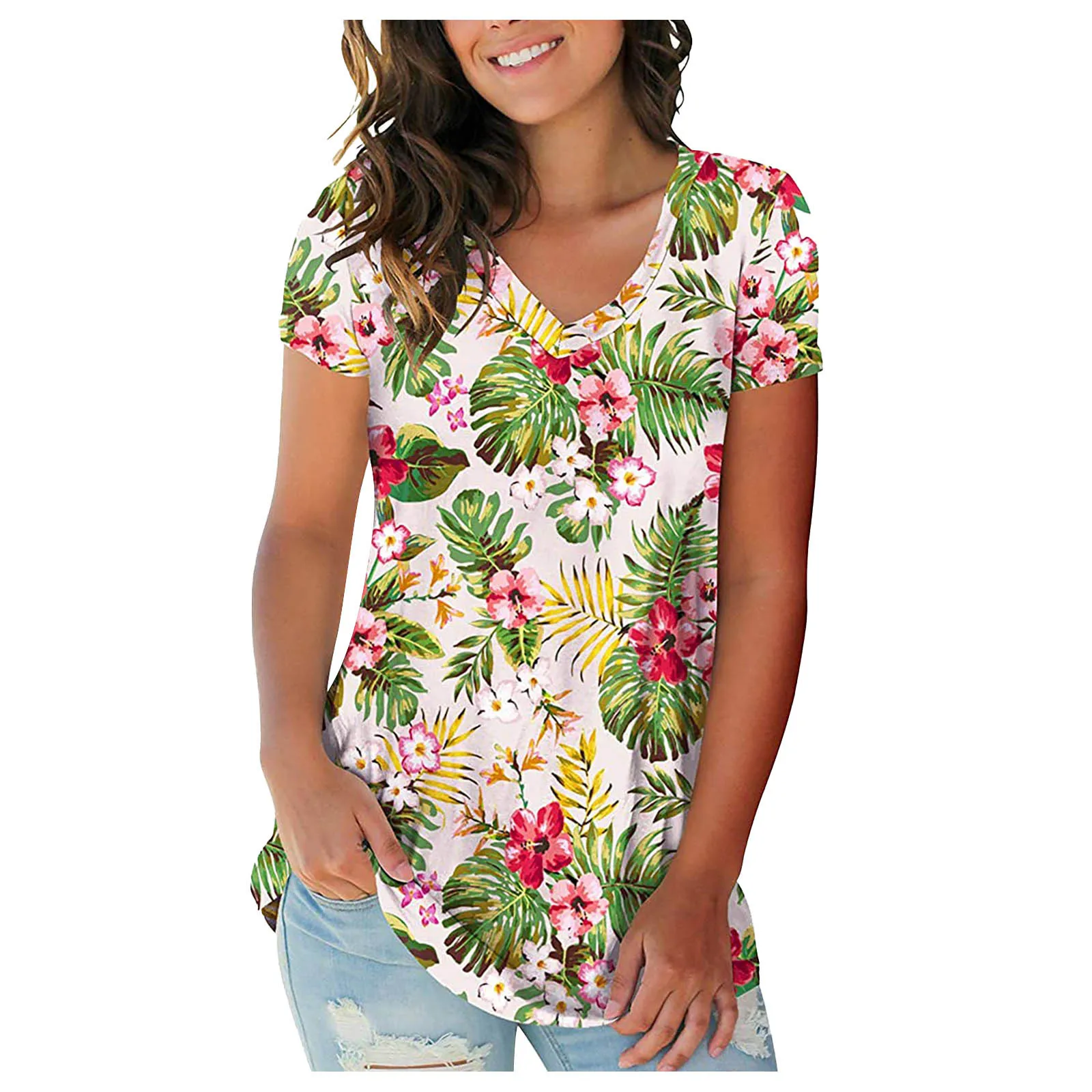 

2021 New Summer Women Leaves Flower Print T Shirt Short Sleeve V-Neck Casual Loose Plus Size Tops Tee 3XL Female Clothes