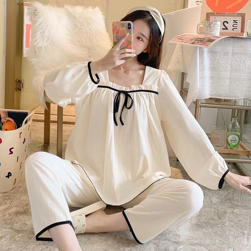 

2021 New Autumn Long Sleeve Cotton Pajama Set for Women Korean Cute Bow Sleepwear Suit Pyjama Homewear Pijama Mujer Home Clothes