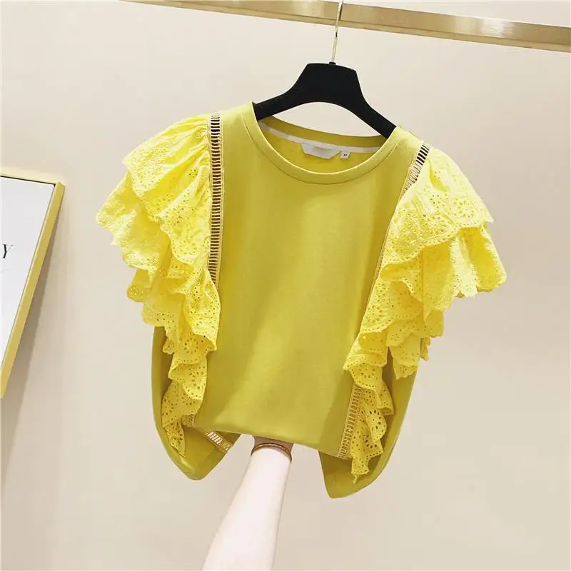 

SuperAen Lace Patchwork Ruffle Cotton Short Sleeve O Neck Yellow T-shirt Women's Summer 2021 Loose Casual Tops
