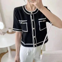 summer knitted cardigan short sleeve tops women pearl buttons fashion o neck button up straight thin patchwork sweater tops