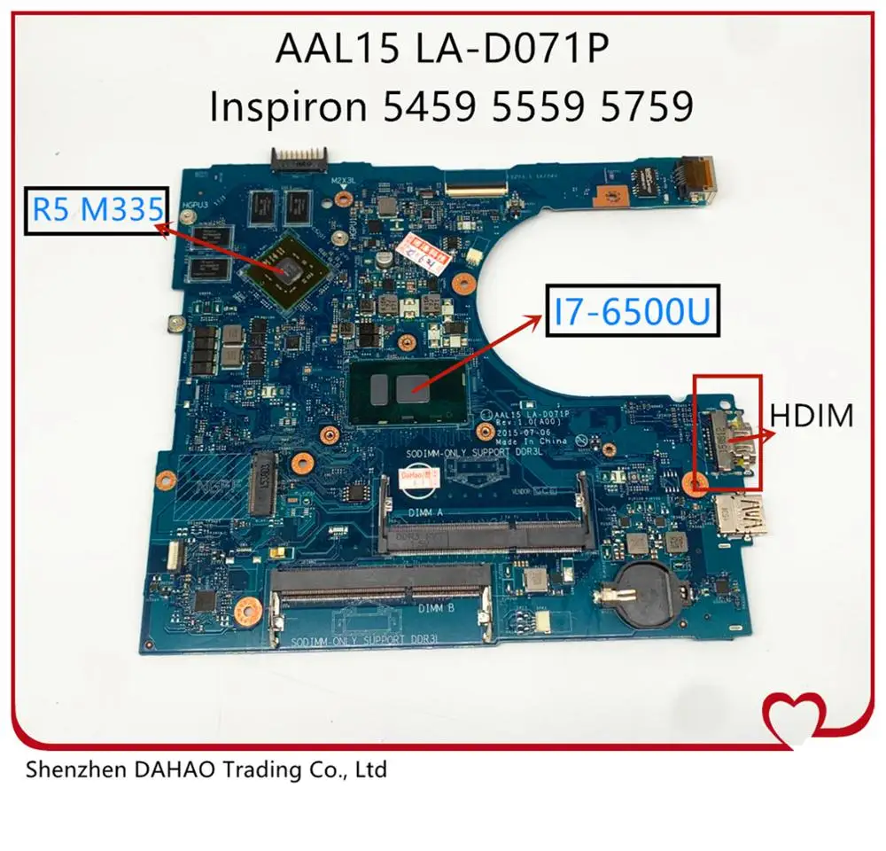 

Для DELL Inspiron 5459 5759 15 5559 I7-6500U материнская плата для ноутбука с R5 M335 GPU CN-0F1J0W 0F1J0W AAL15 LA-D071P 100% тесты OK