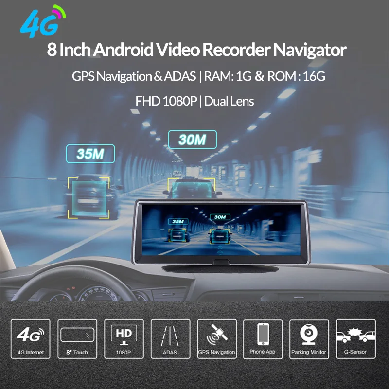 Видеорегистратор 8 дюймов 4G Android двойной объектив GPS навигатор ADAS Full HD 1080P |