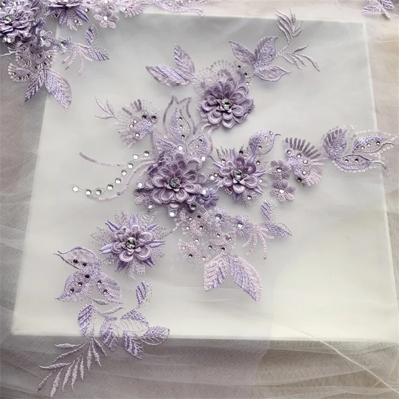 

3D Wedding Dress Applique DIY Sewing Material Hot Drilling Lace Patch Multi-color Optional