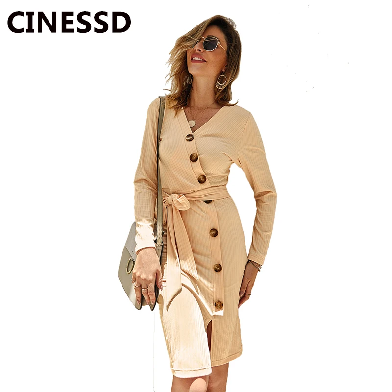 

CINESSD Women Knitted Casual Dress Solid V Neck Long Sleeves Button Lace Up Pullover Office Ladies Autumn Winter Bodycon Dresses