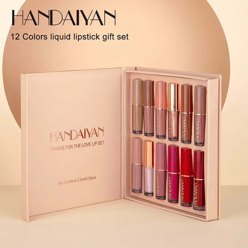 

HANDAIYAN Liquid Lipstick Set Matte Pearlescent Non-sticky Cup Lip Glaze 12 Color Book Lip Gloss Set Long-Lasting Moisturizing