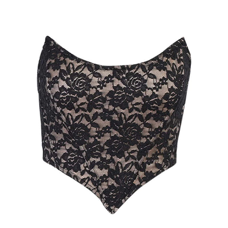 

InsDoit Gothic Clothes Sexy Corset Sleeveless Strapless Streetwear Vintage Lace Crop Top Summer Elegant Zipper Assymmetric Tops
