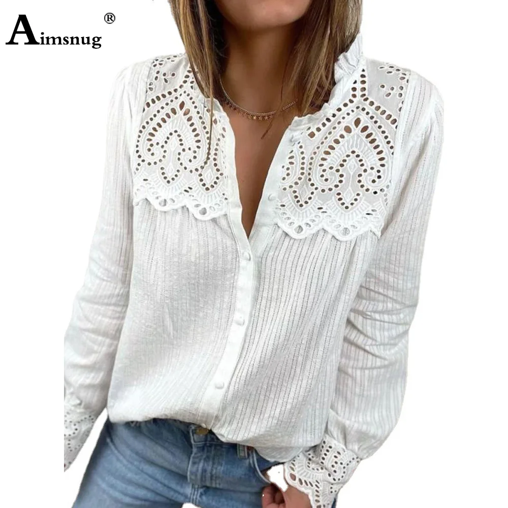 Women Fashion Basic Shirts Long Sleeve Chiffon Wear Hollow Out Ruffled Blouse 2021 Single Breasted Top Sexy Lace Shirt blusas