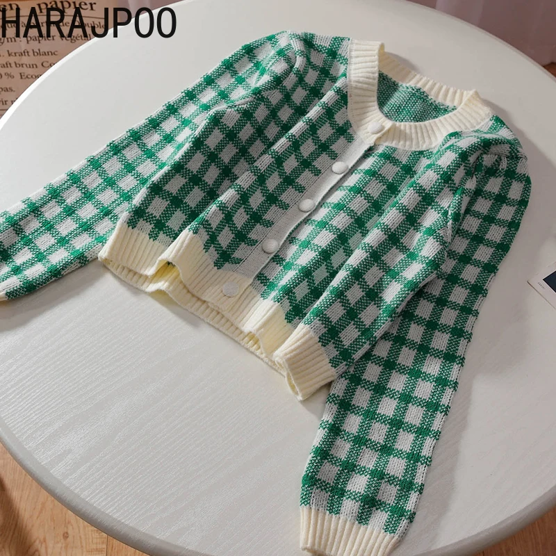 

Harajpoo Women Sweaters Full Plaid Knitted 2021 Autumn New Korean Long Sleeve Thin Cropped Yellow Outwear Fashion Cardigans