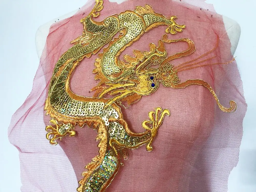 Golden Gragon Sequins Lace Fabric Applique Trim For Evening Dress Clothes Collar Sew On Embroidery Patches Accessories |