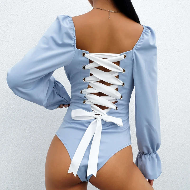 

Women's Sexy Bodycon Romper Open Back Paneled Lace Square Neck Jumpsuit Bandage Bodysuit Women's Long Flared Sleeve Bodysuit