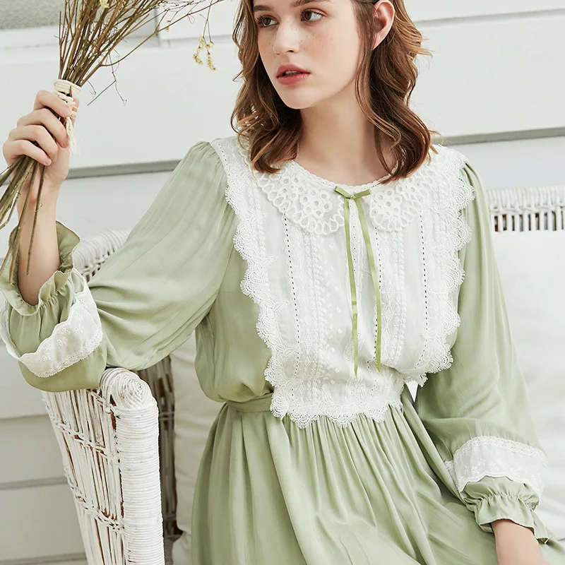 Pajamas Women Autumn Cotton Silk Green CutePalace Retro Long Sleeve Nightdress Mid-length Home Service