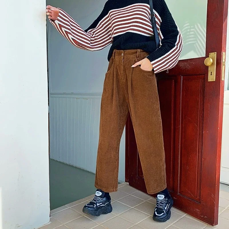 

Corduroy Casual Pants Women's 2021 Autumn Winter Thickened High Waist Loose And Versatile Straight Pants Large Cashmere hip hop