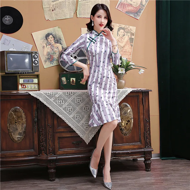 Китайское традиционное платье с цветочным принтом Cheongsam женский рыбий хвост