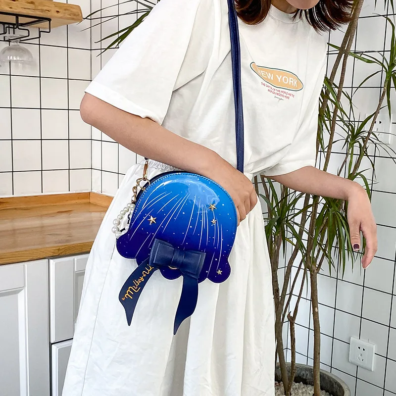 

Weysfor 2020 New Ocean Jellyfish Shoulder Bag Cute Lolita Marine Blue Bowknot Pearl Color Cross Body Satchel Messenger Handbag