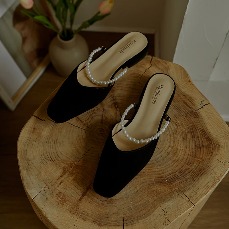 

Sexy Pearl Decoration Women Mules 2021 Summer low Heels ladies Pumps Slingbacks Party Night Club Casual Shoes Woman
