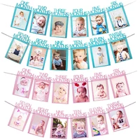 12 months photo frame banner 1st happy birthday party decorations first baby boy girl my 1 one year supplies blue pink silver